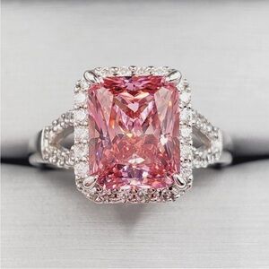 3.50 Carat Radiant Pink Topaz & Diamond Simulant 925 Sterling Silver Halo Ring